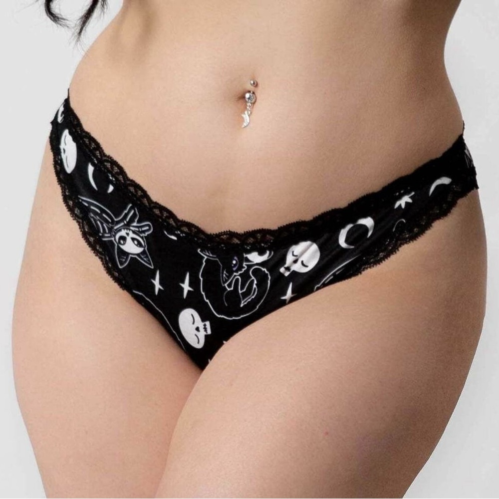 KillStar Purr-Off Black Thong Panties with White Celestial Cat Print